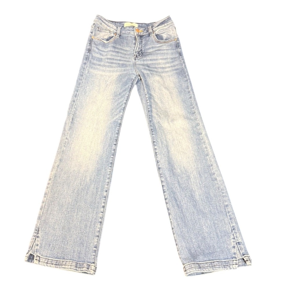 Risen Women's 9/29 Light Wash Wide Leg Jeans Side Slit Hem Stretch 5 Pocket Blue